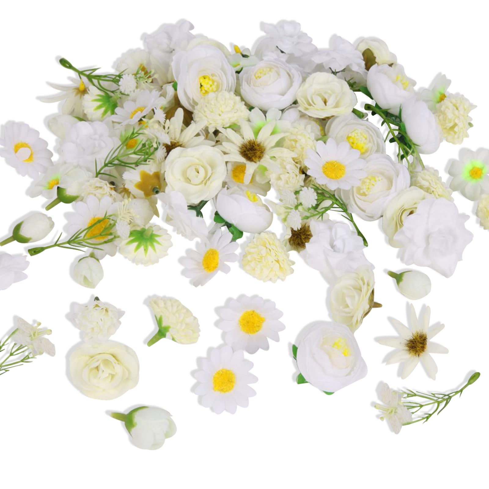 Photo 1 of 100 PCS Fake Flower Heads Mini Artificial Flowe Heads Bulk Silk Faux Flower for Crafts Cake Blossom Wreath Garland Bouquets for Crafts Wedding Bridal Party Baby Shower Home Decoration (White)