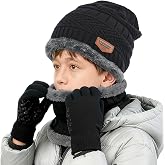 ZEXIAN Kids Winter Hat Scarf&amp;Touchscreen Gloves Set，Knitted Beanie with Fleece Lining, Neck Warmer for Boys Girls 4-15 Years