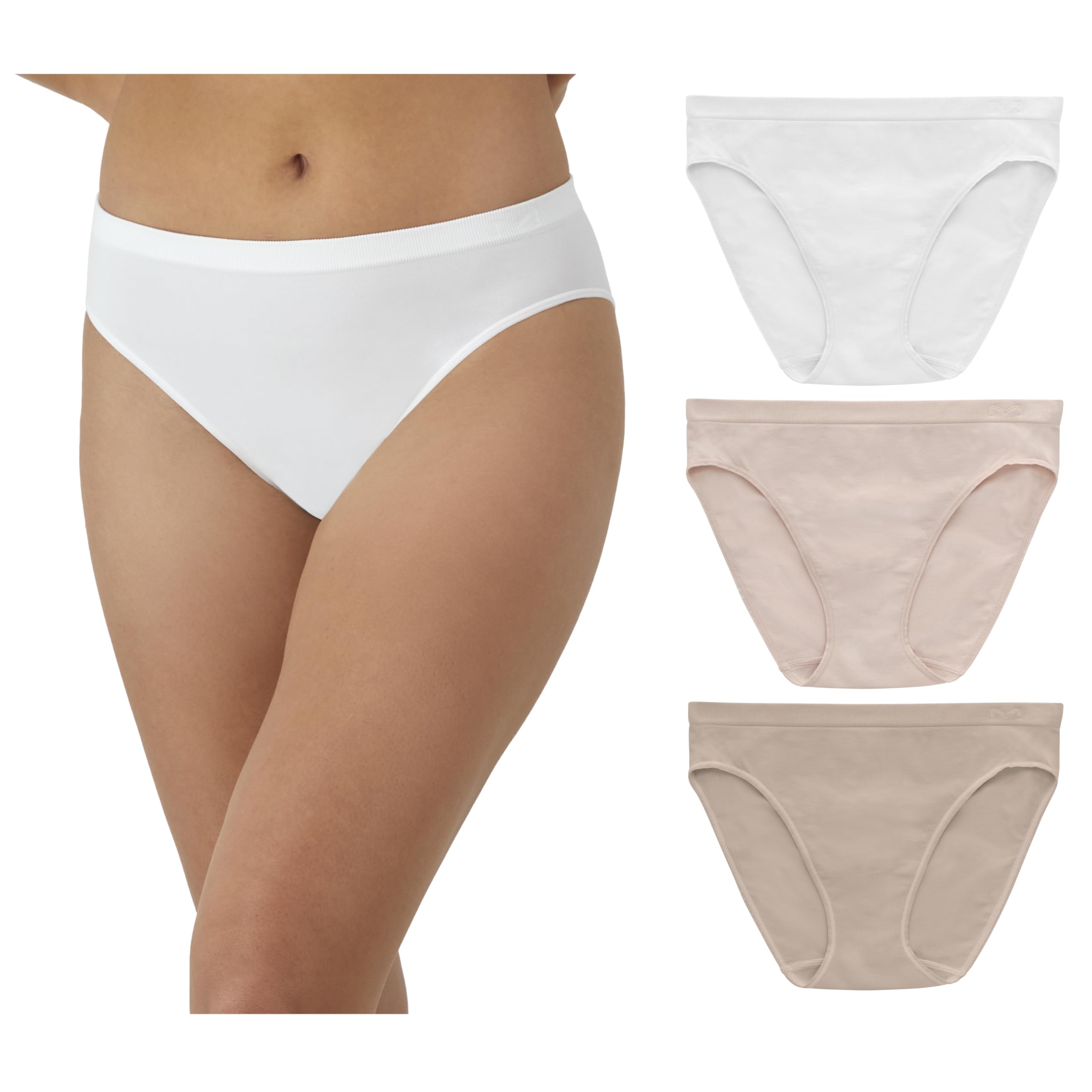 Photo 1 of Maidenform M, Mid-Rise Bikini Panty, Seamless Underwear for Women, 3-Pack, White/Sandshell/Evening Blush