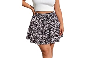 Moon Wood Women's Plus Size Flowy Floral Skirt Casual Boho High Waisted Ruffle Tiered Mini Skater Skirt with Shorts