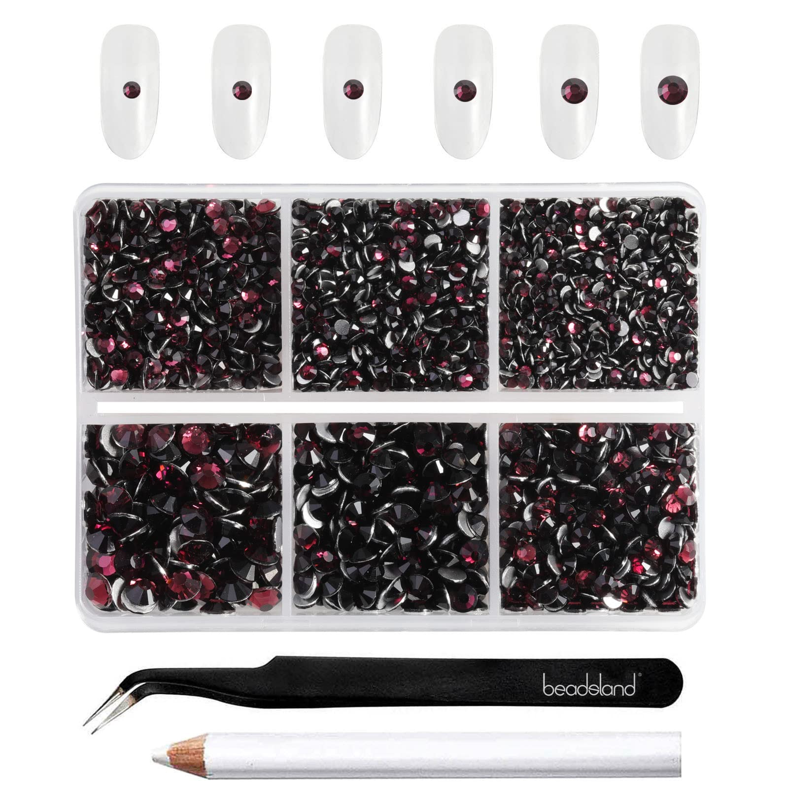 Beadsland 4300pcs Flatback Nail Rhinestones,Burgundy Rhinestones Round Crystal Gems for Crafts,Mixed 6 Sizes with Picking Tweezers and Wax Pencil Kit, SS6-SS20,Amethyst