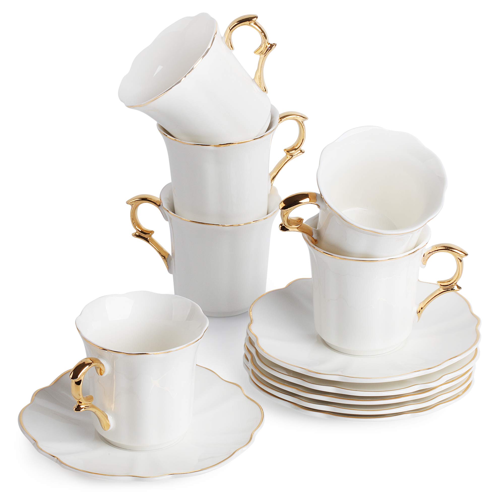 Photo 1 of Brew To A Tea White Espresso Cups with Saucers, Set of 6 (2.4 oz), Porcelain Turkish Coffee Cup Set with Gold Trim Design & Gift Box, Dishwasher Safe