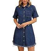 CIMUK Womens Short Sleeve Denim Dress 2025 Collared Button Front Jean Dresses
