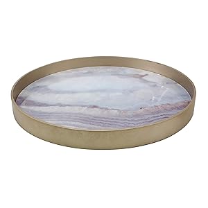 Stonebriar Round Gold Wood and Pink Marble Glass Serving Tray, Decorative Centerpiece for Dining Coffee Table