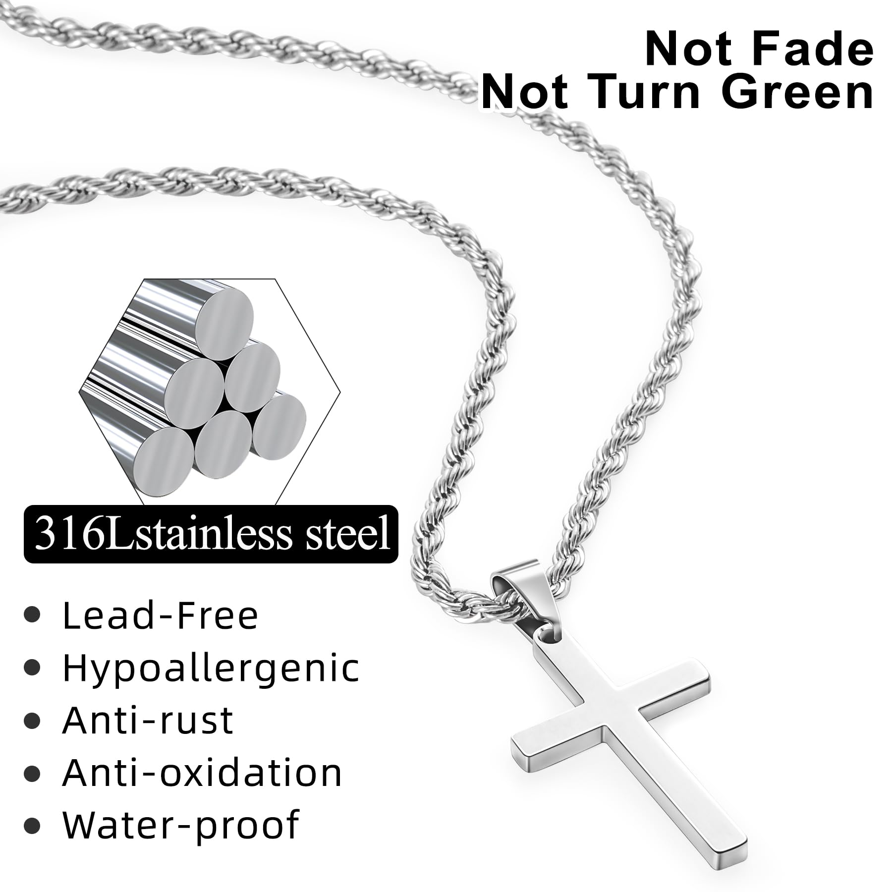 Romass 4Pcs Cross Necklace for Men,Stainless Steel Chains for Men Layered Necklaces Silver Gold Black Pendant Jewelry Box Gifts 18-24 Inches