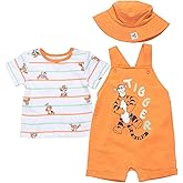 Disney Winnie the Pooh Baby Short Overalls, T-Shirt & Hat 3 Piece Outfit Set Newborn to Infant Sizes (0-24 Months)