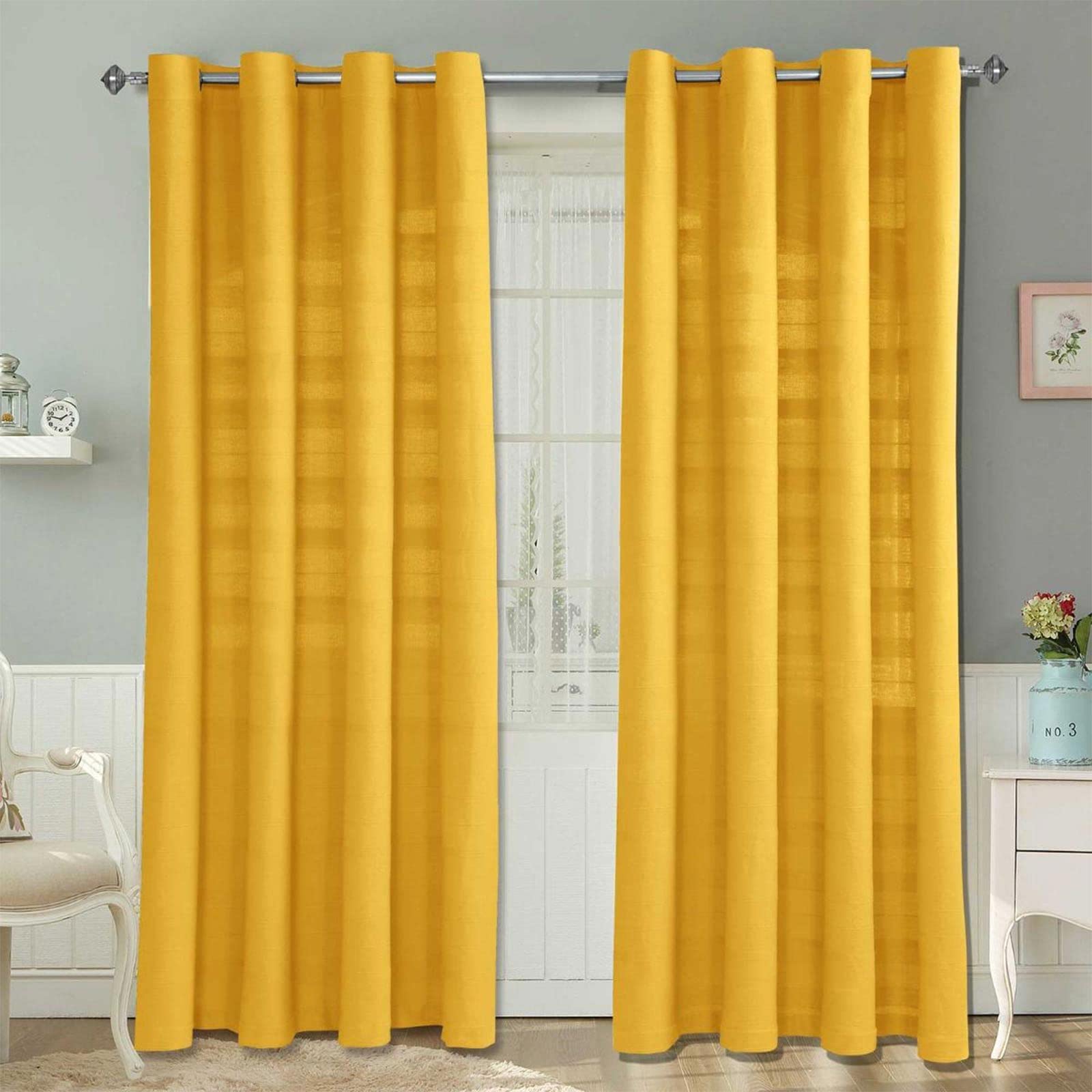 HOMESCAPES Yellow Rajput Eyelet Curtain Pair 137cm (54") Wide x 137cm (54") Drop 100% Cotton Ring Top Plain Curtains