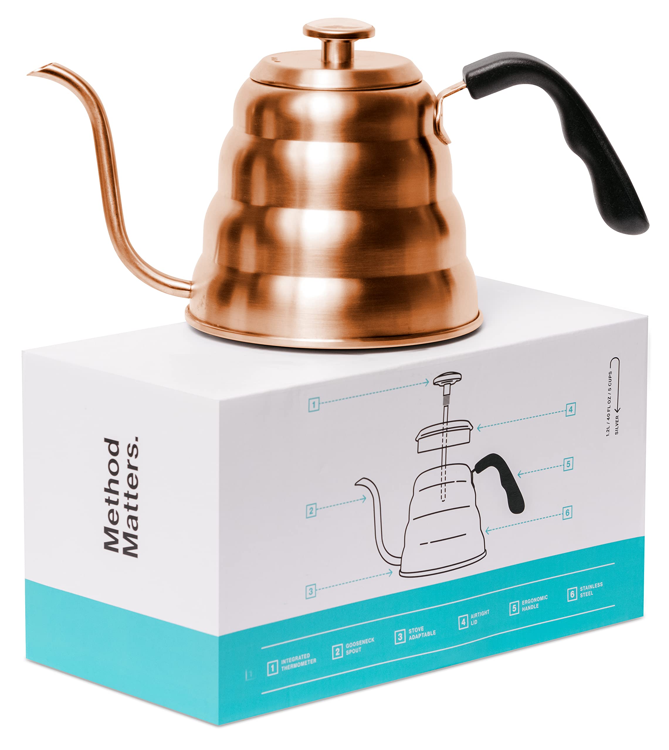 Photo 1 of Barista Warrior Gooseneck Kettle for Pour Over Coffee and Tea with Thermometer for Exact Temperature, Precision Pour Drip Spout, Compatible with all Stove Tops (Copper Coated, 1.2 Liter, 40 fl oz)