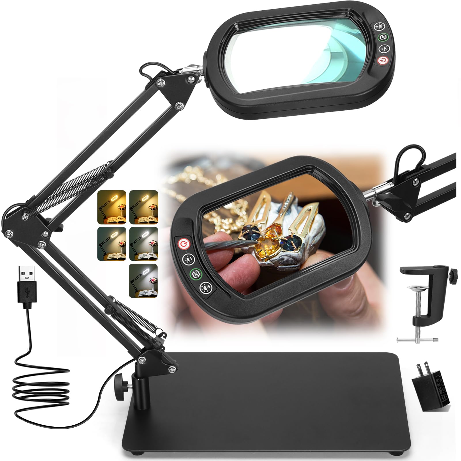 Photo 1 of Veemagni 10X Rectangle Magnifying Glass with Light and Stand, 5 Color Modes Stepless Dimmable, 2-in-1 LED Lighted Desk Lamp & Clamp, Hands Free Magnifier for Reading Crafts Repair Painting Close Work