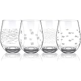 Joeyan Etched Stemless Wine Glasses,Hand Blown Drinking Glass Cups Wine Tumbler with Line Patterns,Carved Large Cocktail Whiskey Glasses,Gift for Party Wedding,4 Pack,17.5 oz,Dishwasher Safe