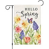 zeevly Hello Spring Garden Flag 12x18 Inch Double Sided Daffodils Floral Butterfly Small Burlap Yard Flag for Outside