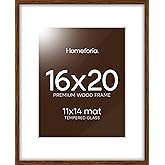 Homeforia 16x20 Picture Walnut Frame, High End Dark Oak 16x20 Wooden Brown Frames with Mat 11x14, 16 x 20 Wood Poster Frame Matted to 11 by 14, 20x16 Hanging Frames, Tempered Glass, Wall Kit, Set of 1