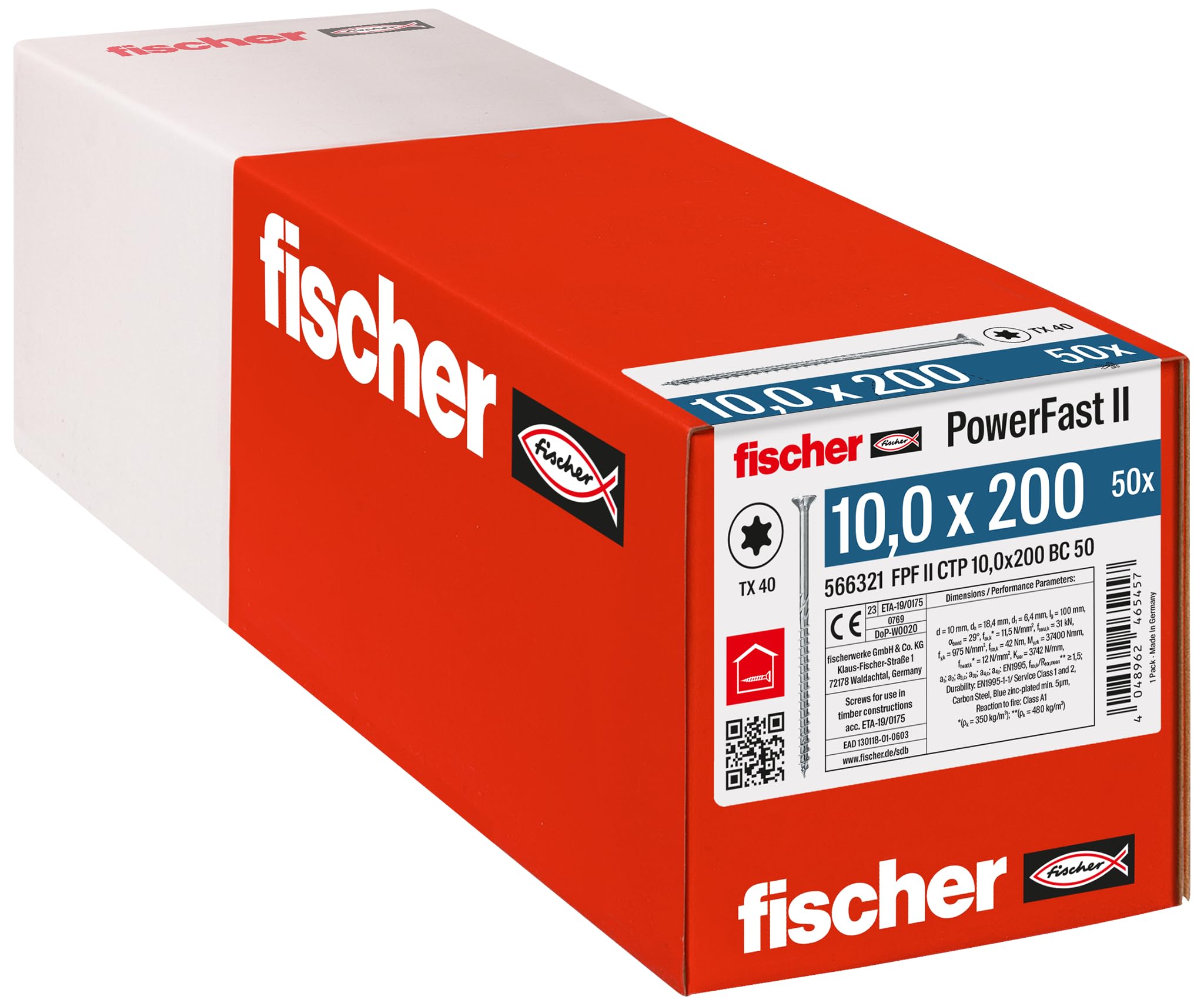 fischer PowerFast II CTP 10.0 x 200, powerful wood screws with countersunk head, inner star receptacle and partial thread, for constructive timber construction, pack of 50