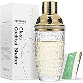 JOYCEMALL 13 oz Glass Cocktail Shaker - Leakproof Shaker Set with Metallic Steel Lid & Built - in Strainer, Professional Bar Mixing Set for Martini, Whiskey, Margarita and More Drinks - Gold