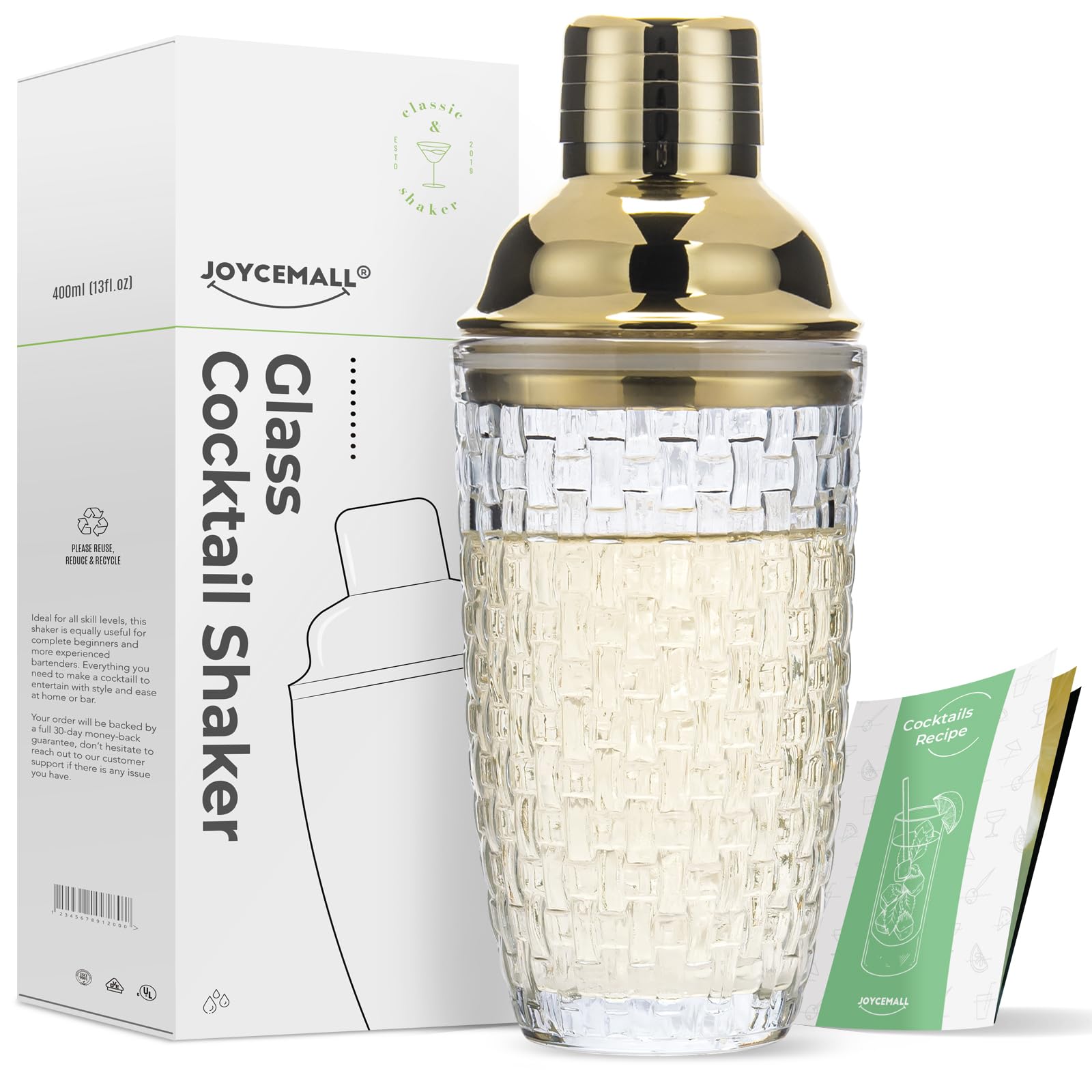 Photo 1 of JOYCEMALL 13 oz Glass Cocktail Shaker - Leakproof Shaker Set with Metallic Steel Lid & Built - in Strainer, Professional Bar Mixing Set for Martini, Whiskey, Margarita and More Drinks - Gold