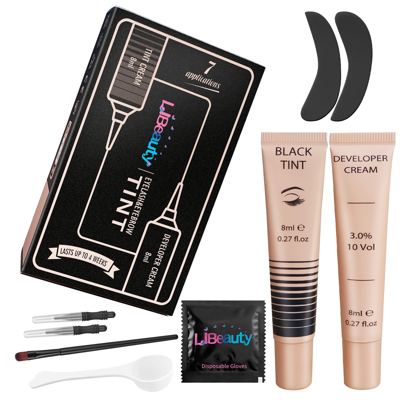 Libeauty Eyelash Tint Kit, Natural Black Brow Dye Lasts Up to 4 Weeks with Tint Cream and Developer Liquid, Easy To Use for Salon and Beginners - With Eye Pads