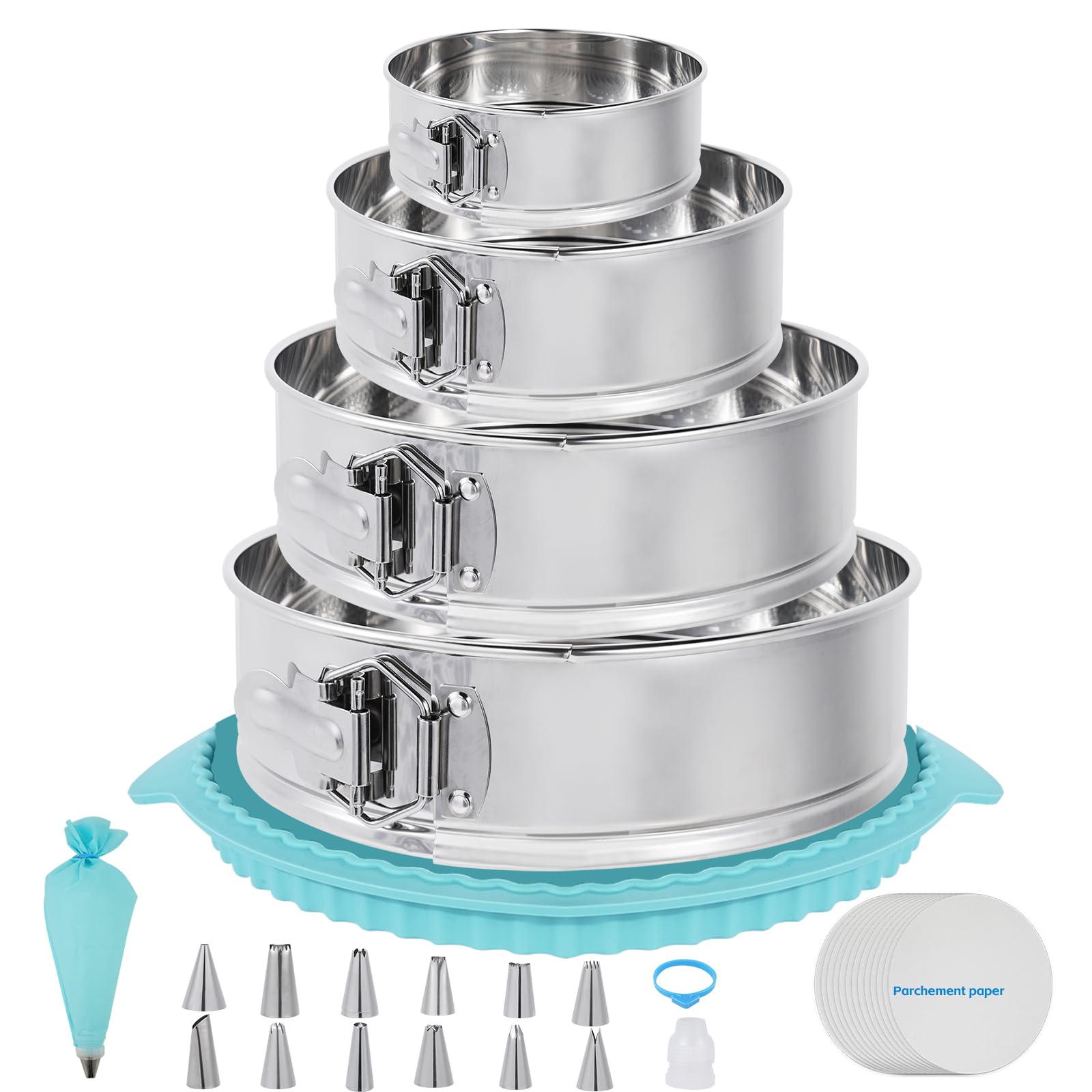 Photo 1 of ***MISSING PARTS***
Aufind Springform Pan Set for Baking (4,7,9,10inches), 304 Stainless Steel Springform Cake Pan with Removable Bottom, Cheesecake Pan with 50PCS Parchment Paper for Pie Cake Pizza and Quiches