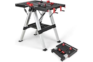 IRONMAX Folding Work Table, 2-in-1 Height Adjustable Workbench & Sawhorse w/Foldable Clamping Handle & Tool Tray, 440LBS/1000LBS Weight Capacity Work Bench for Woodworking Repairing