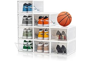 CKHXR Upgraded X-Large 9 Pack Clear Shoe Storage Organizer,Stackable Shoe Rack for Closet,Plastic Shoe Boxes with Magnetic Door,Shoe Containers For Sneaker Display,Fit up to US Size13 (White, 9 Pack)