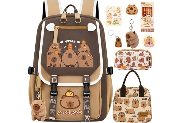 EGOUE Waterproof Capybara Backpack，Large-capacity Kawaii capybara bag with 11-Piece Accessories (Lunch bag, pencil case, gel pen, Stickers and others)