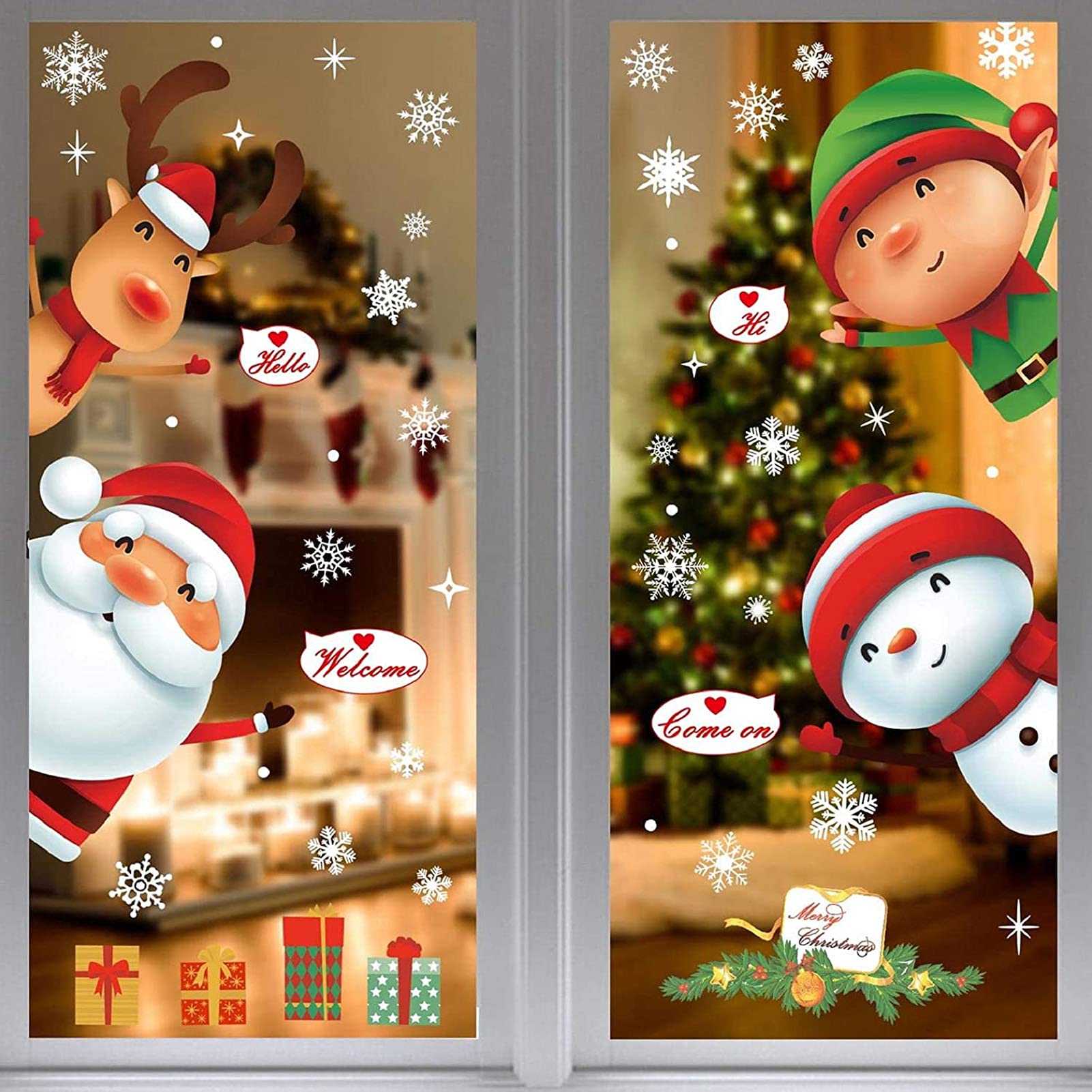 MSQ 4 Sheet Christmas Window Stickers Window Clings Snowflake Cartoon Boy Santa Claus Snowman Reindeer with Static PVC Stickers for Christmas Home/Shop/Party Window Decorations