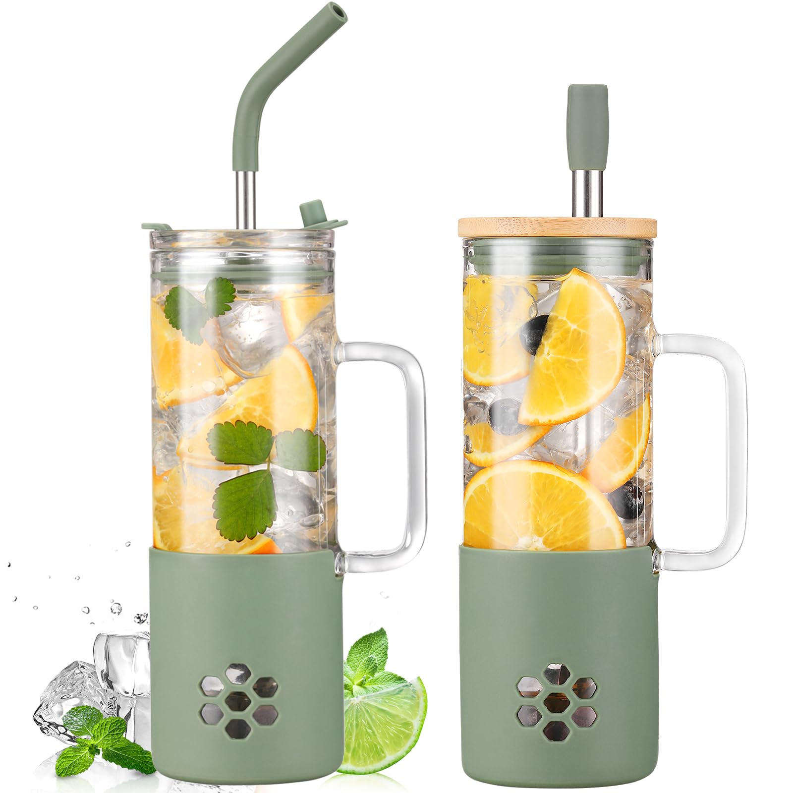 BLUEGO 600ml Glass Cup with 2 Lids and Handle, Cute Glass Tumbler with Straws and Silicone Sleeve, Iced Coffee Cup, 0.6L Smoothie Tumbler, Reusable Bubble Tea Cup,Travel Mug,Oliver