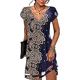 Summer Dresses for Women Petal Short Sleeve V-Neck Beach Dress Floral Print Dressy Casual Sun Dresses