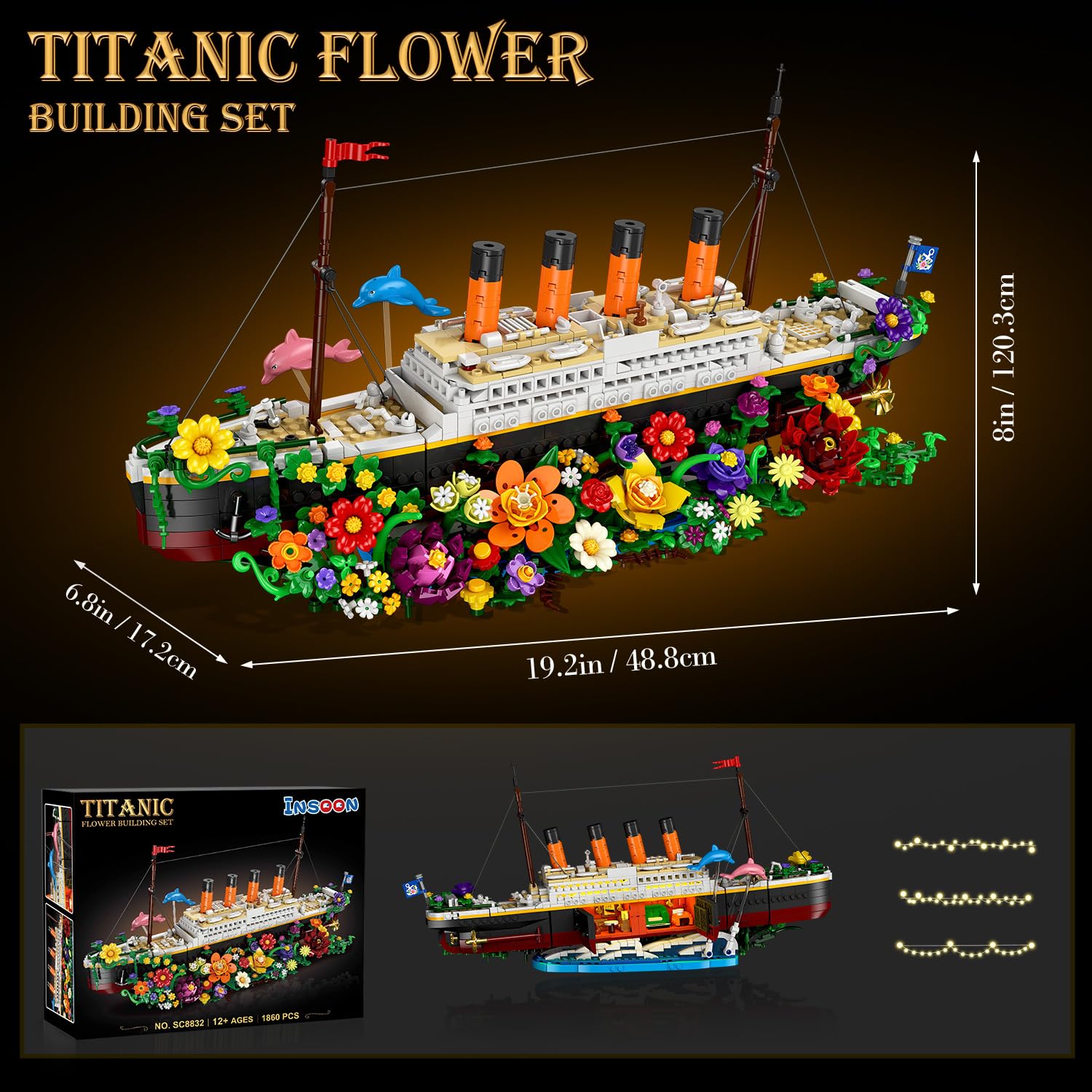 INSOON Blumen Titanic Bauspielzeug mit Licht, 1860 Stück Titanic Schiff Modell Klemmbausteine mit Blumen & Pflanzen, Deko Bausteine Geschenk für Erwachsene Jugendliche Jungen Mädchen ab 12 Jahren 7