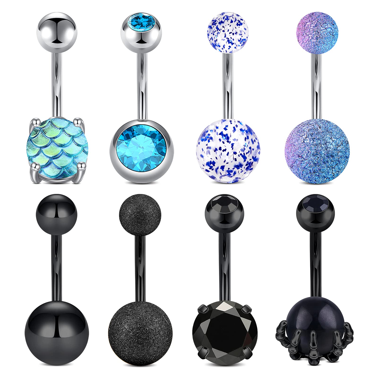 D.Bella Belly Bar 14G Belly Button Piercing 8 Pcs Belly Rings Skull Hand Belly Button Bar Stainless Steel Belly Piercing Jewelry for Women