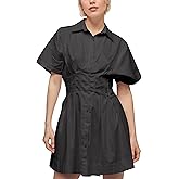JEIBKOUY Women Summer Short Sleeve Button Front Pleated Shirt Dress Striped Collar V Neck Casual Y2k Swing Short Mini Dresses