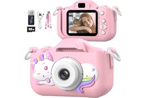 Mgaolo Kids Camera Toys for 3-12 Years Old Boys Girls Children,HD Digital Video Camera with Protective Silicone Cover,Christmas Birthday Gifts with 32GB SD Card (Cat Camo Pink)