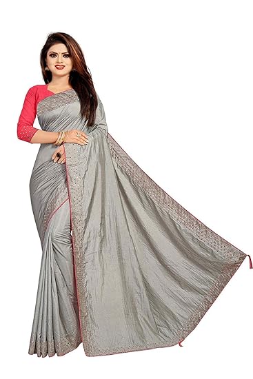 Market Magic World Womens Latest Sana Silk Stone Studded Saree with Contrast Blouse