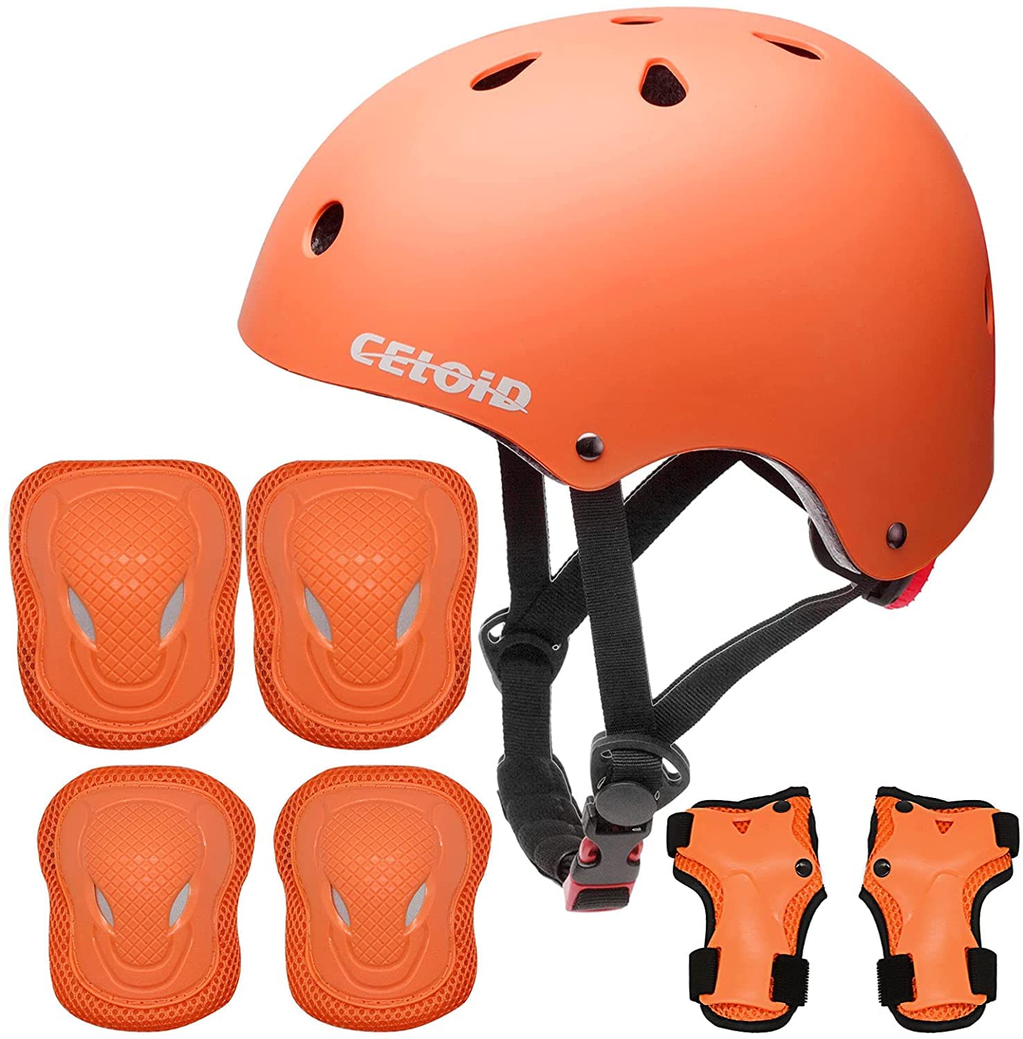 CELOID Kids Helmet Pad Set,Adjustable Kids Skateboard Bike Helmet Knee & Elbow Pads Wrist Guards 8-10-14 years Kids Protective Gear Set for Girls Boys Bicycle Roller Scooter Rollerblade Sport，Orange