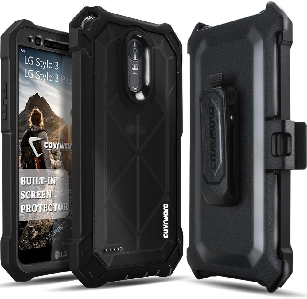 COVRWARE Aegis Pro case for Stylo 3 / Stylo 3 Plus / LS777 with Built-in Screen Protector Full Body Rugged Holster Armor Case Belt Swivel Clip Kickstand, Black