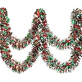 33Ft Christmas Tinsel Garland, Green Red Silver Metallic Twist Foil Tinsel Garland Hanging Decor for Kwanzaa Party Christmas Tree Birthday Indoor Outdoor Party Supplies - Green Red Silver