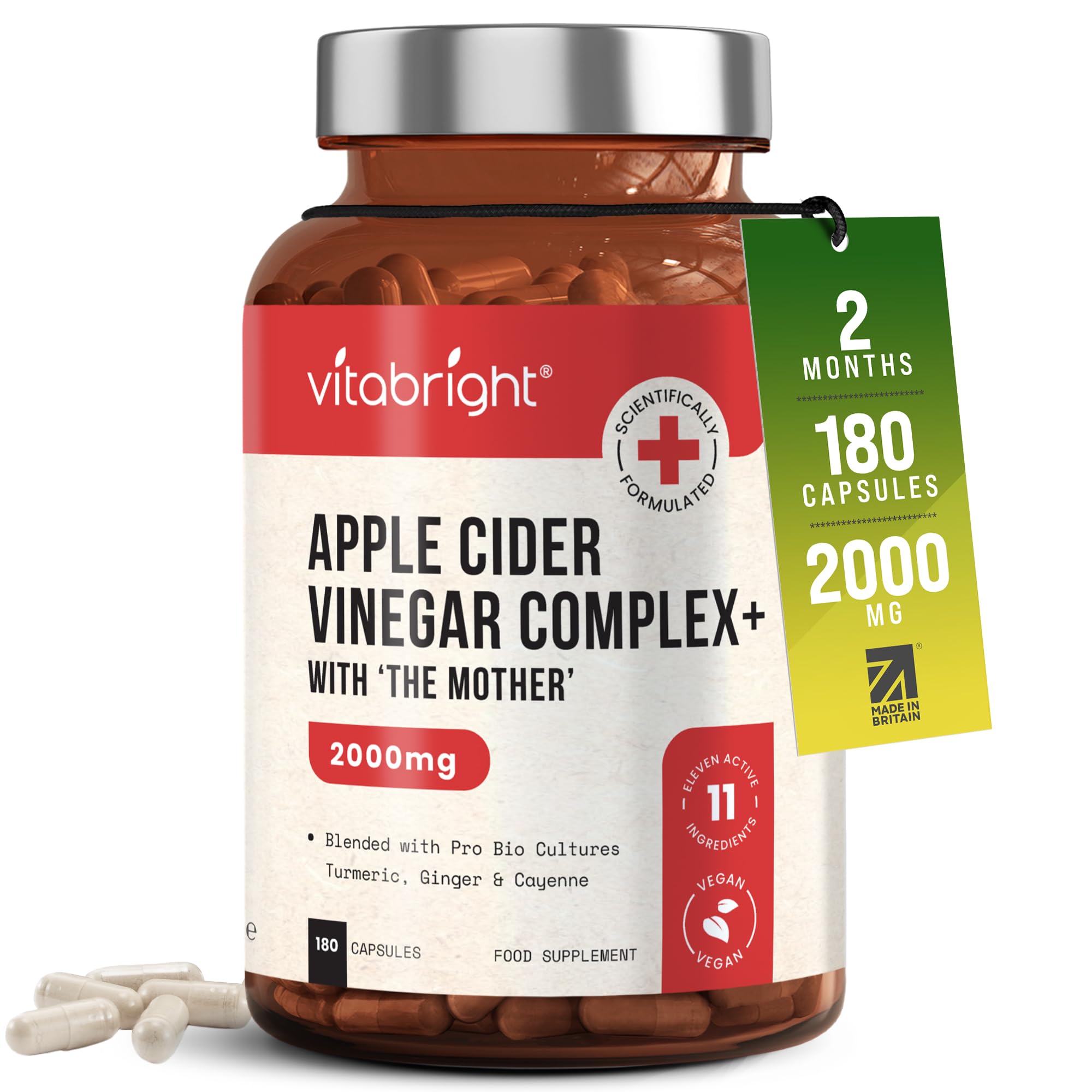 Apple Cider Vinegar with Mother 2000mg | 2 Month Supply | 180 Apple Cider Vinegar Capsules | ACV & Probiotics & Cayenne Pepper Capsules | Keto Tablets Alternative to Gummies | VitaBright ACV Complex
