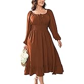 CICIDUDU Women's Plus Size Midi Dress Long Sleeve Scoop Neck Elastic High Waist A Line Dresses for Women Wedding Guest Dress