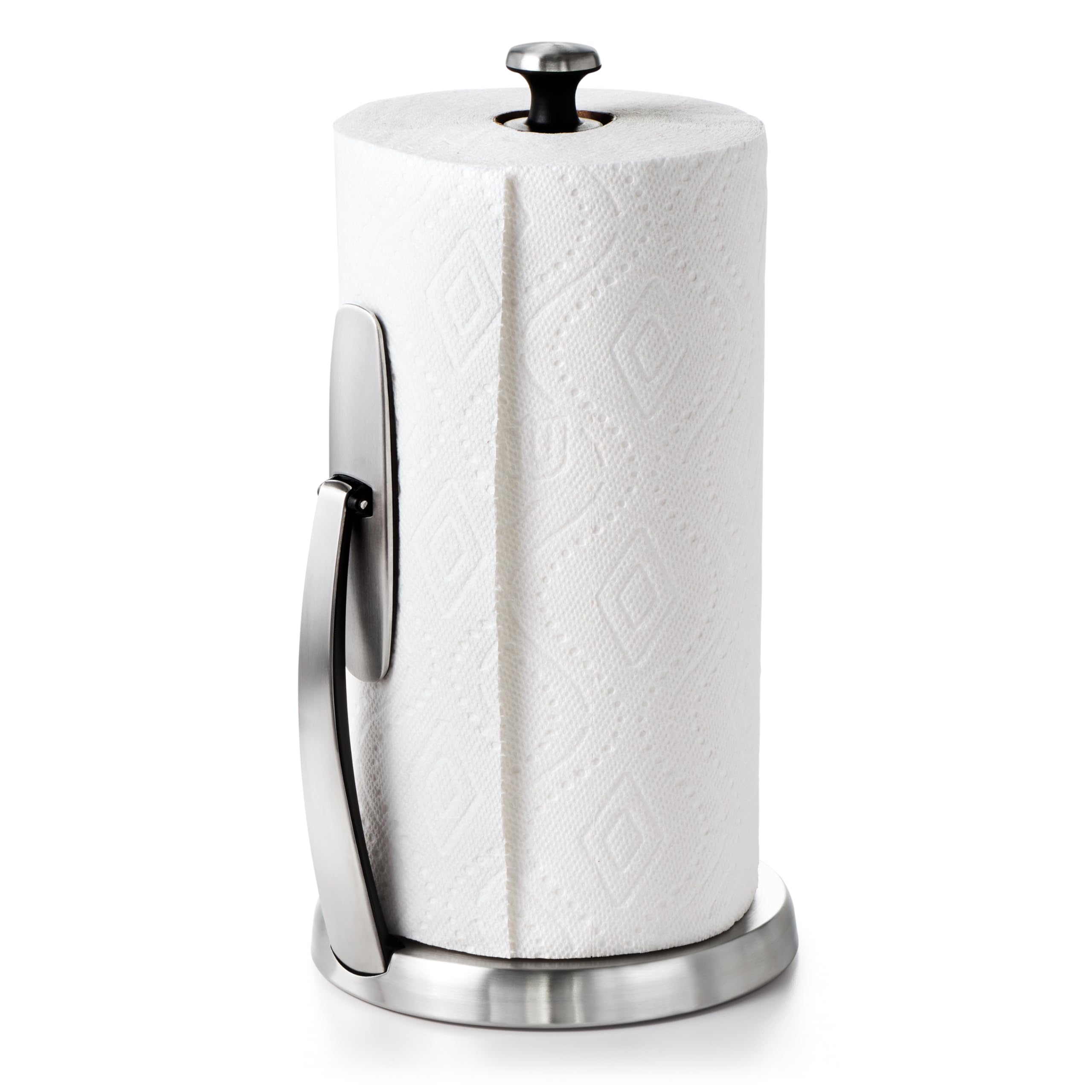 OXO Good Grips SimplyTear Paper Towel Holder – One-Handed Tearing – Weighted Non-Slip Base – Spring-Activated Arm for Easy Loading – Fits All Roll Sizes – Stainless Steel