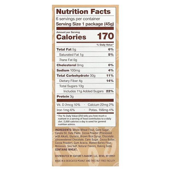 NATURE’S BAKERY DOUBLE CHOCOLATE BROWNIE BARS, WHOLE GRAINS, DATES, AND COCOA, PLANT BASED, DAIRY-FREE, SNACK BAR, 6 COUNT