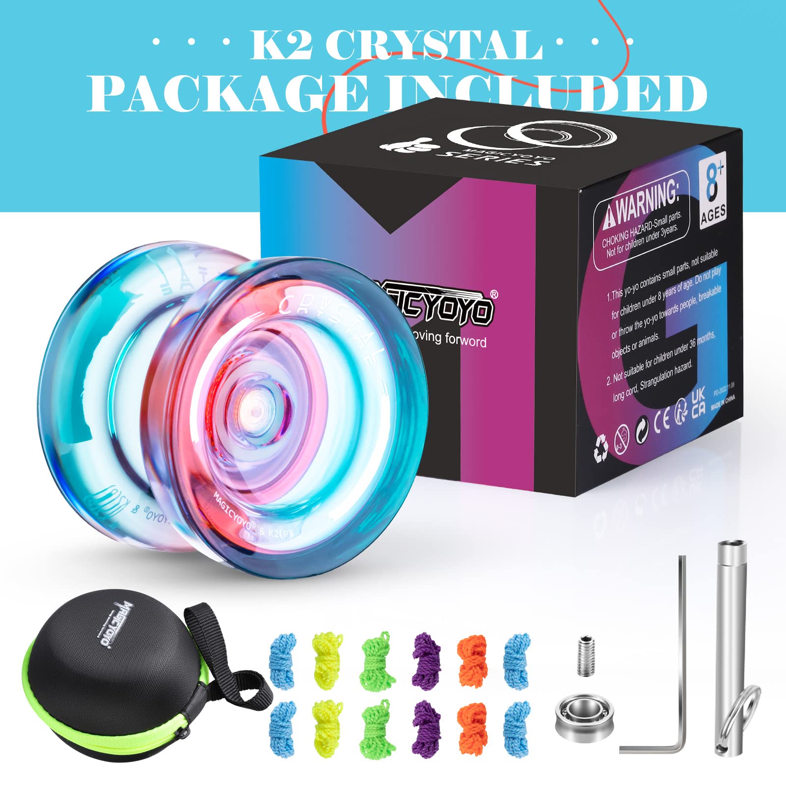 ShungRu K2 Crystal Yoyo Professional Responsive Yoyo for Beginner, Dual Purpose Plastic Yo-Yo, Unresponsive Trick Yoyo with 12 Yoyo Strings, Yoyo Case Bag + Removal Bearing Tool (Red + Blue Gradient)