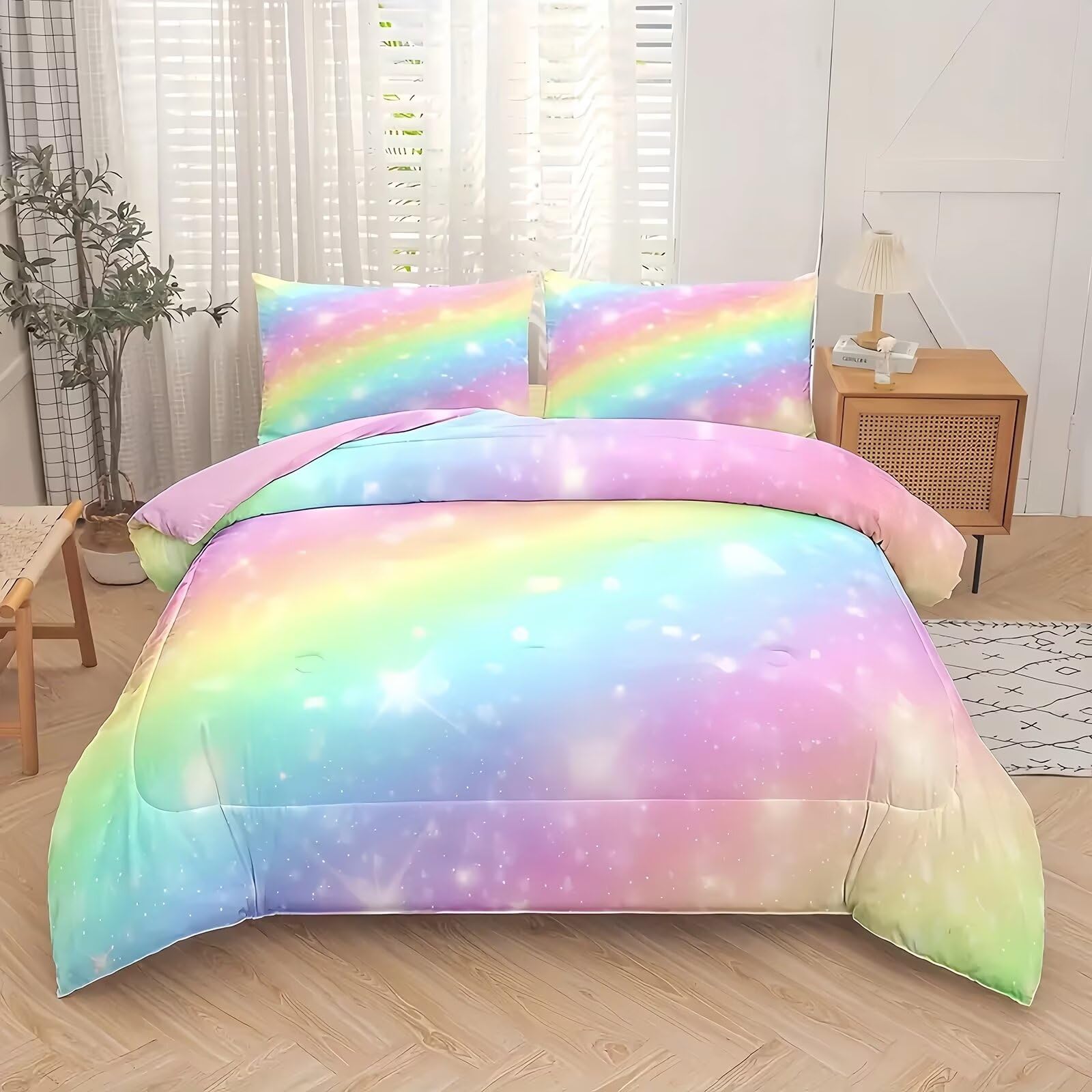 Tabeskly Kids Girls Rainbow Bedding Duvet Covers Set Single, Cute Soft Zipper Childrens Full Bed 3 Piece Quilt Covers and Pillowcases Small Mildly Cosy Budget Bedclothes 135×200cm