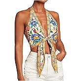 Floerns Women's Summer Floral Halter Tops Tie Front Backless Beach Vacation Crop Tops