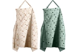 MEXXI Muslin Nursing Covers for Breastfeeding, 2 Pack Breastfeeding Cover with Arch Neckline,100% Cotton Breathable Privacy Nursing Apron 43 * 30 Inch (Beige+Green)