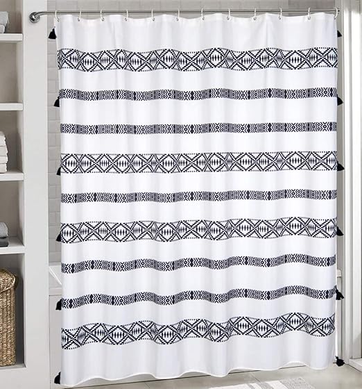 Amazon Com Roomtalks Boho Tassel Plastic Shower Curtain Tribal Chic 72 Inch Waterproof Heavy Weighted Bathroom Shower Curtain Sets White And Cream Striped Geometric Design 72 W X 72 L Tribal Tassel Kitchen Dining