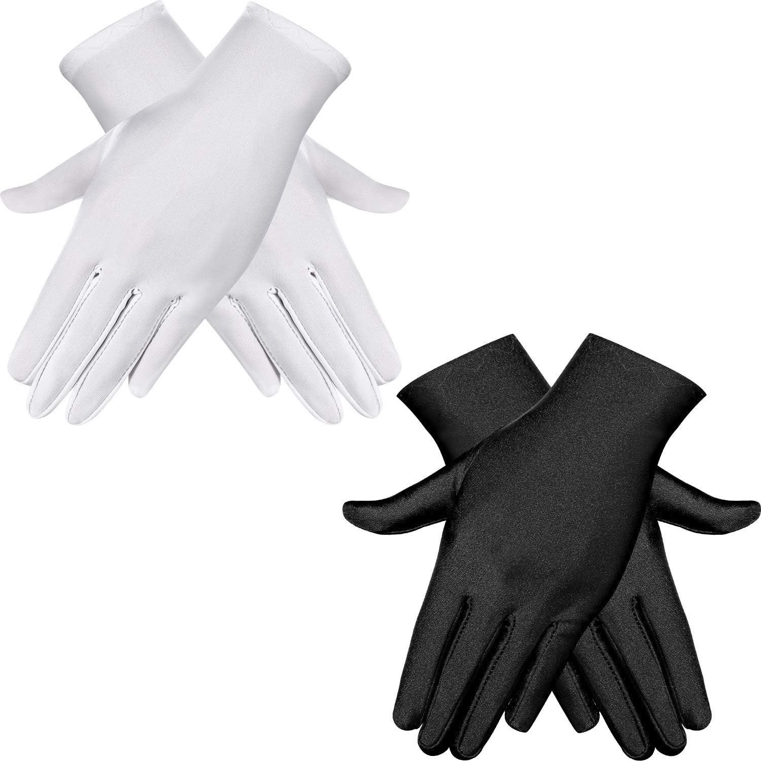 2 Pairs Adult Spandex Gloves Wrist Length Gloves Gown Opera Gloves Party Cosplay (White and Black): Clothing