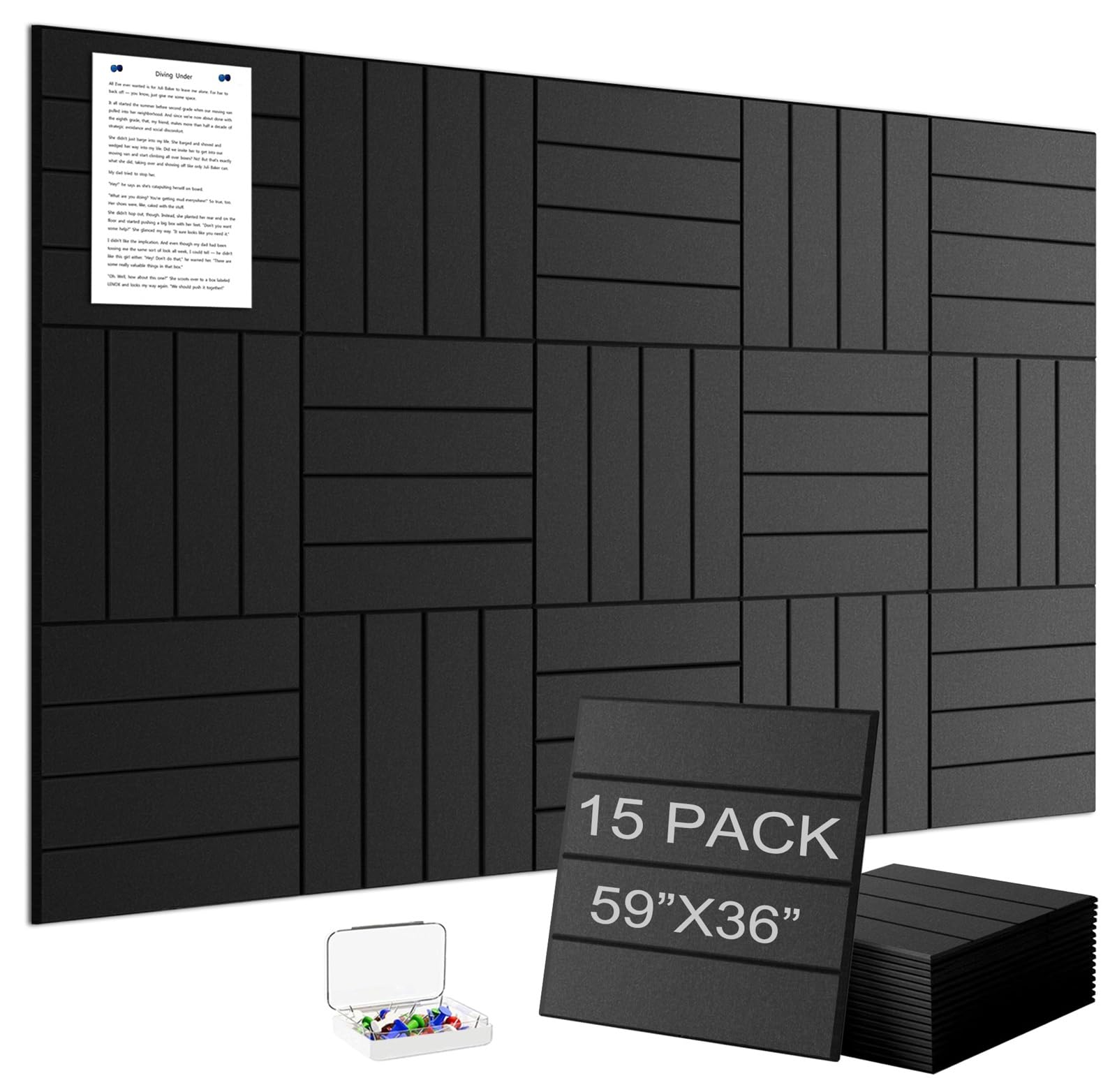 G Gamit Large Felt Wall Tiles Bulletin Board 59”x36”,Large Cork Board Alternative with 60 Pushpins, 15-Pack Felt Pin Board with 112 Safe Removable Adhesive Tabs for Home Office School (Black)