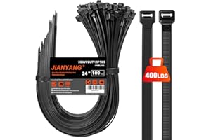JIANYANG Long Zip Ties Heavy Duty 24 inch，400 LBS Tensile Strength With Double Sided Toothed Super Durable Cable Ties ，Extra Large Wire Ties Adjustable Nylon Tie Wraps for Indoor Outdoor （100 Pack Black）