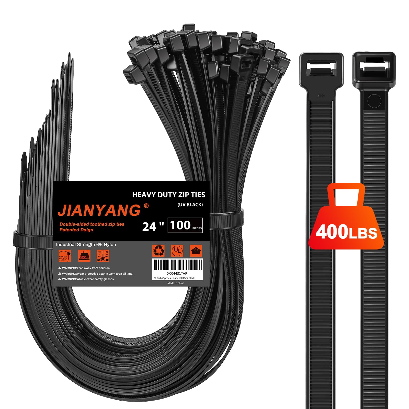 Photo 1 of Long Zip Ties Heavy Duty 24 inch?400 LBS Tensile Strength With Double Sided Toothed Super Durable Cable Ties ?Extra Large Wire Ties Adjustable Nylon Tie Wraps for Indoor Outdoor ?100 Pack Black?