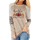 Thankful Grateful Blessed Shirts Women Plaid Pumpkin Thanksgiving T-Shirt Leopard Stripe Color Block Fall Tshirts