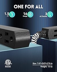 PLUGTUL Flat Plug Extension Cord 1.5 FT, 3 Outlet
